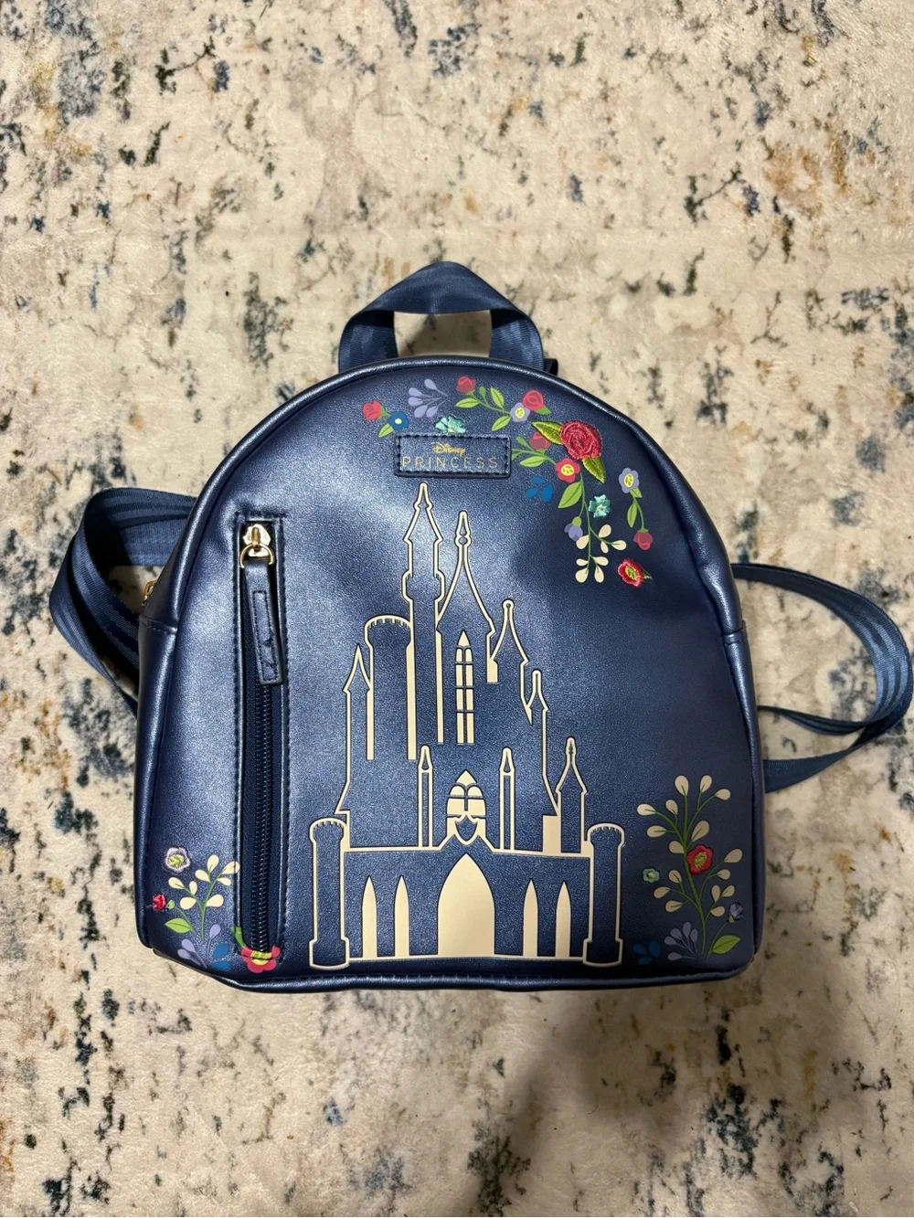 NWOT Disney Navy Mini Backpack with Gold Castle and Floral Accents